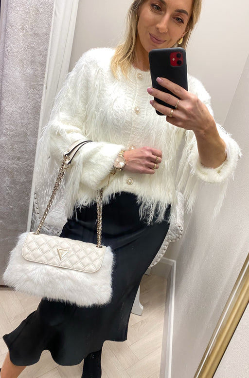 Guess stone lise flap over faux fur convertible shoulder / crossbody