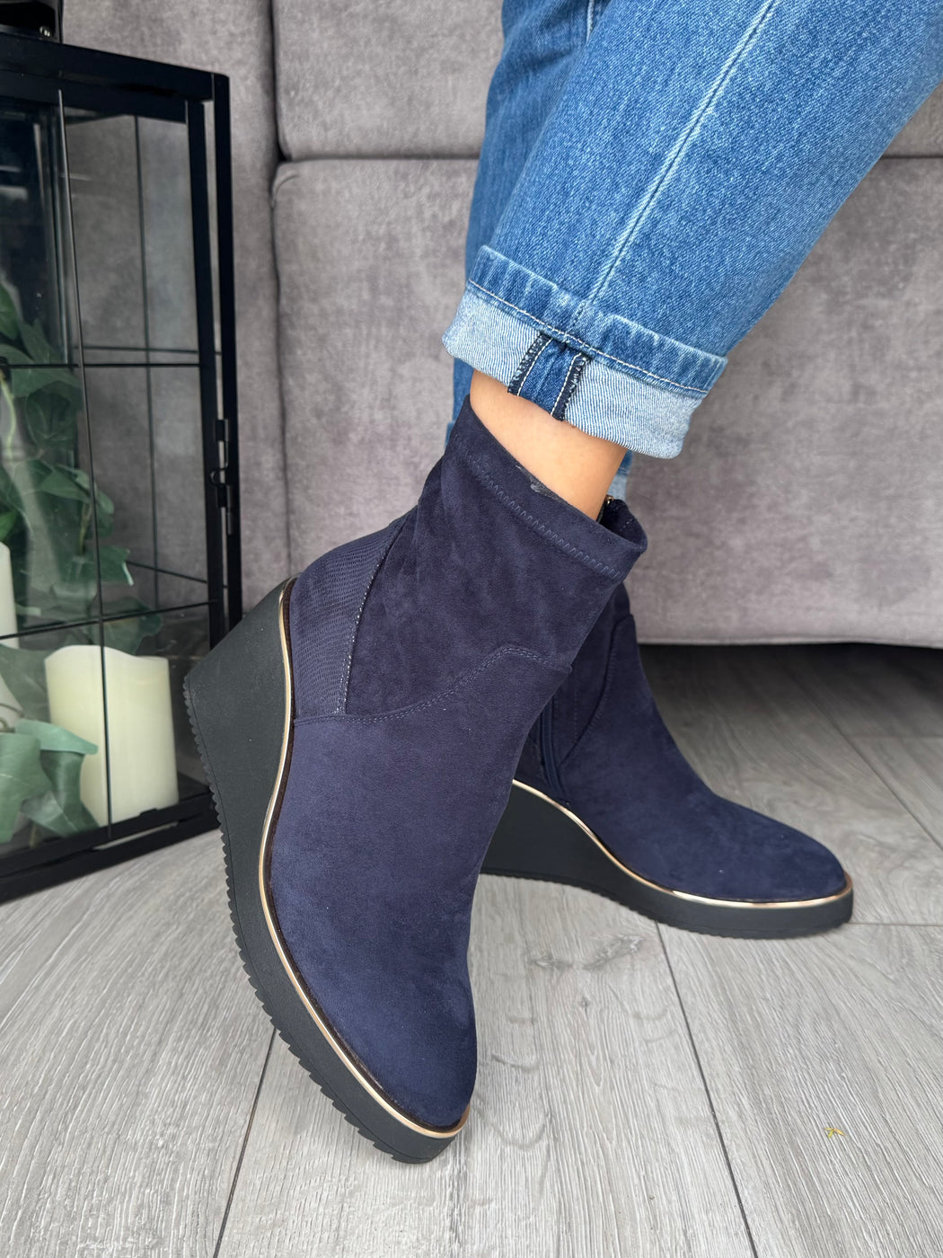 Poole sapphire navy wedge boots