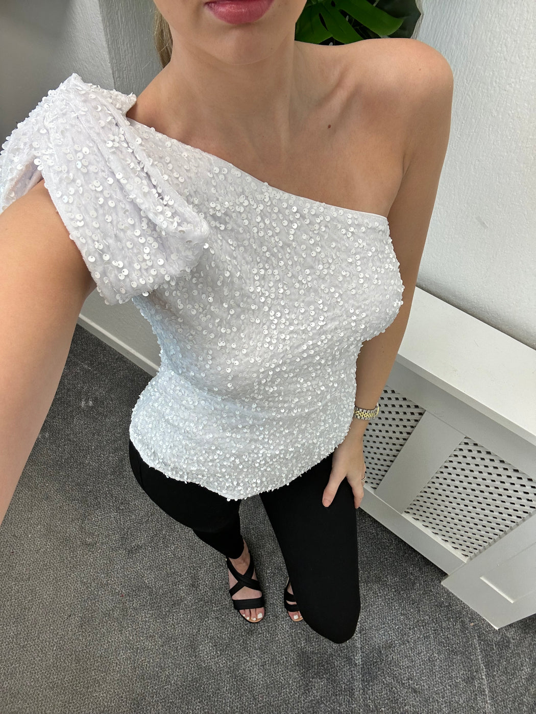 Birdie White Sequin One Shoulder Top