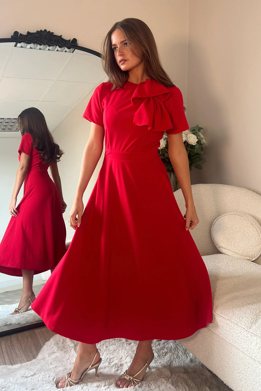 Red Minta Bow Detail Short Sleeve Midi Dress