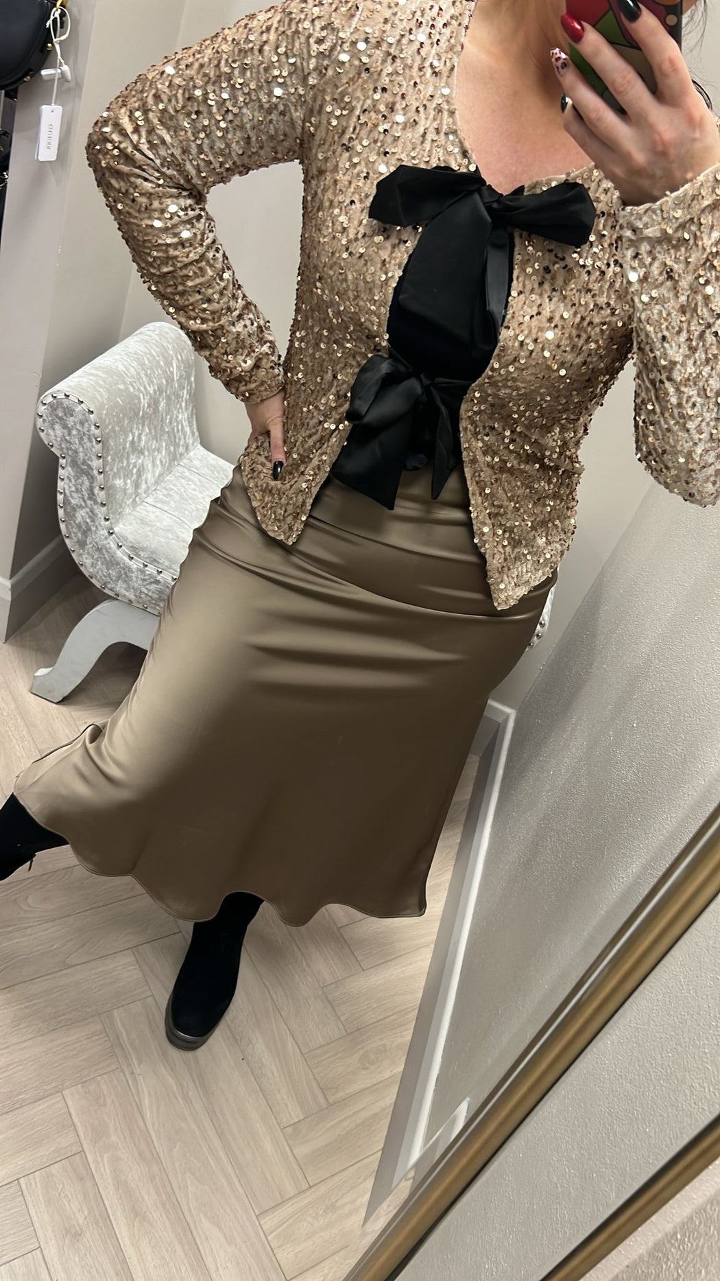 Zora taupe  satin midi skirt