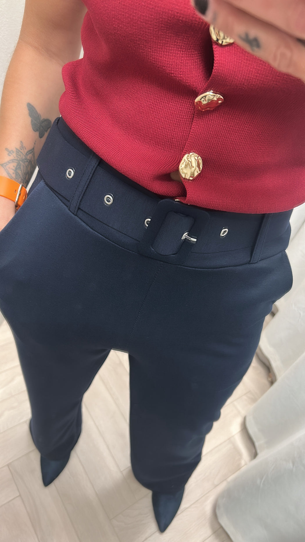 Navy belted trousers