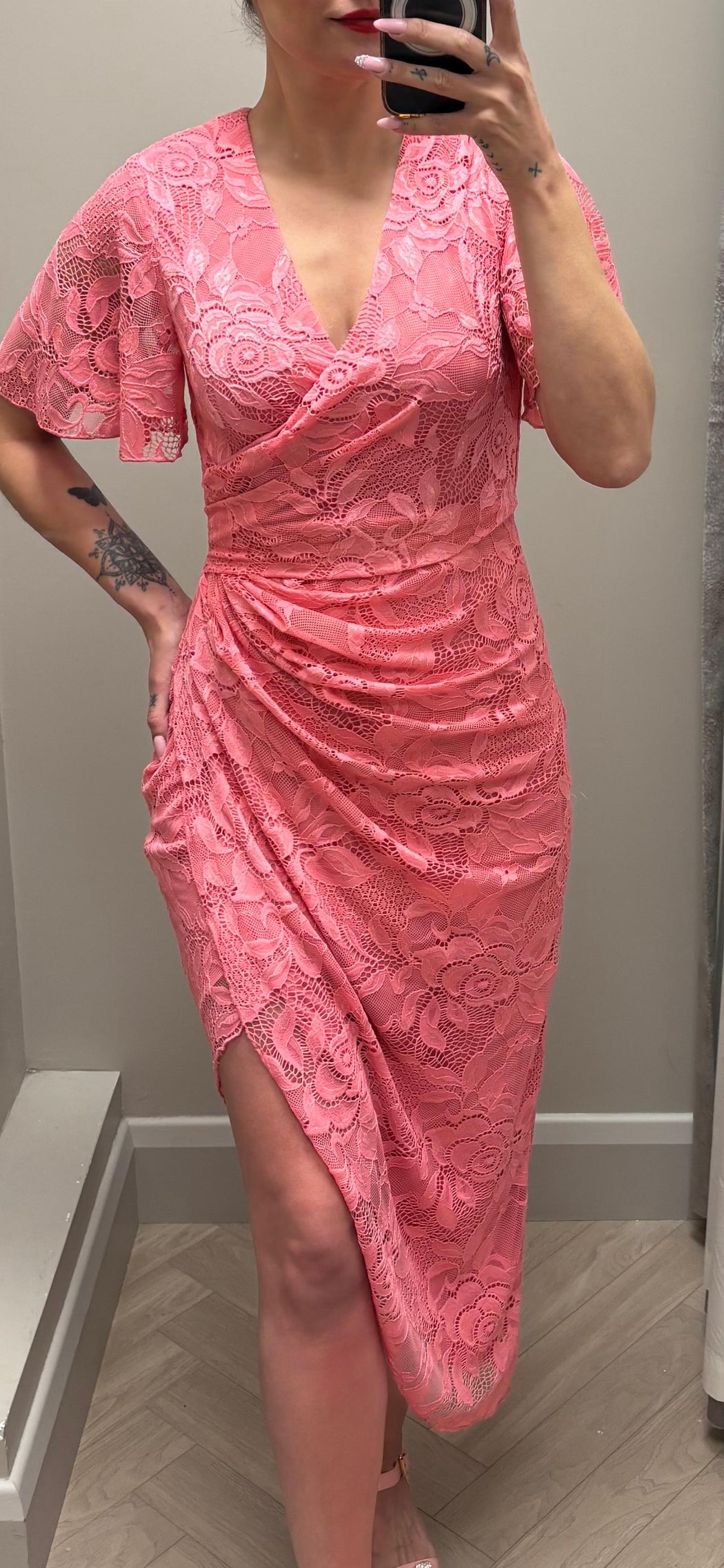 Natasha Angel Sleeve Wrap Midi Dress In Pink Lace