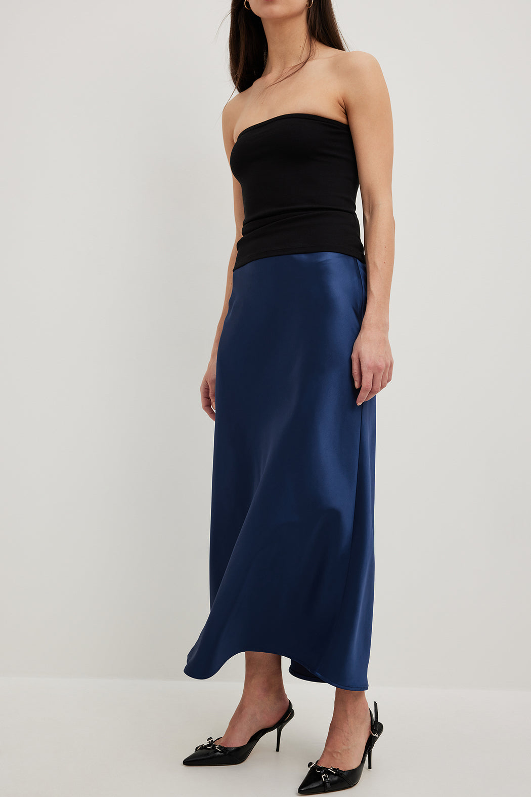 Zora navy satin midi skirt