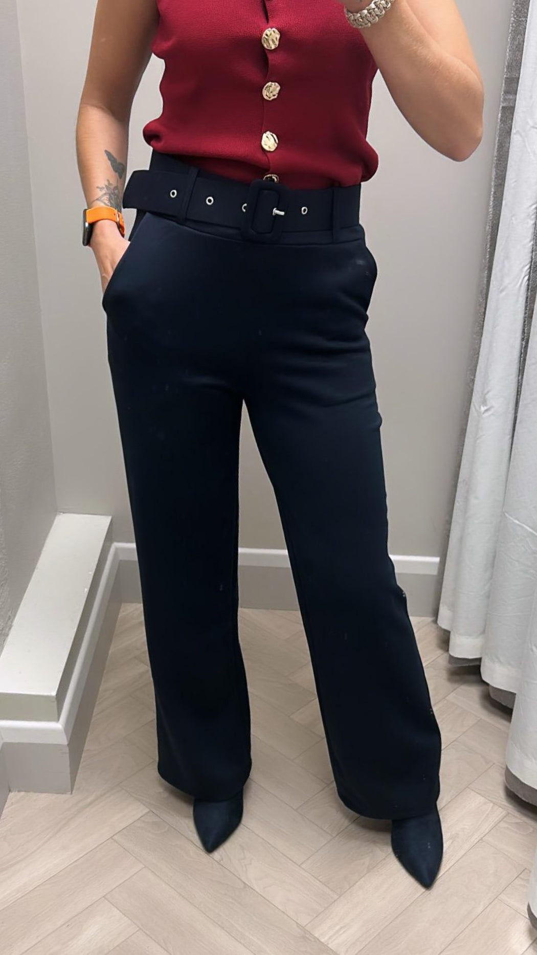 Navy belted trousers