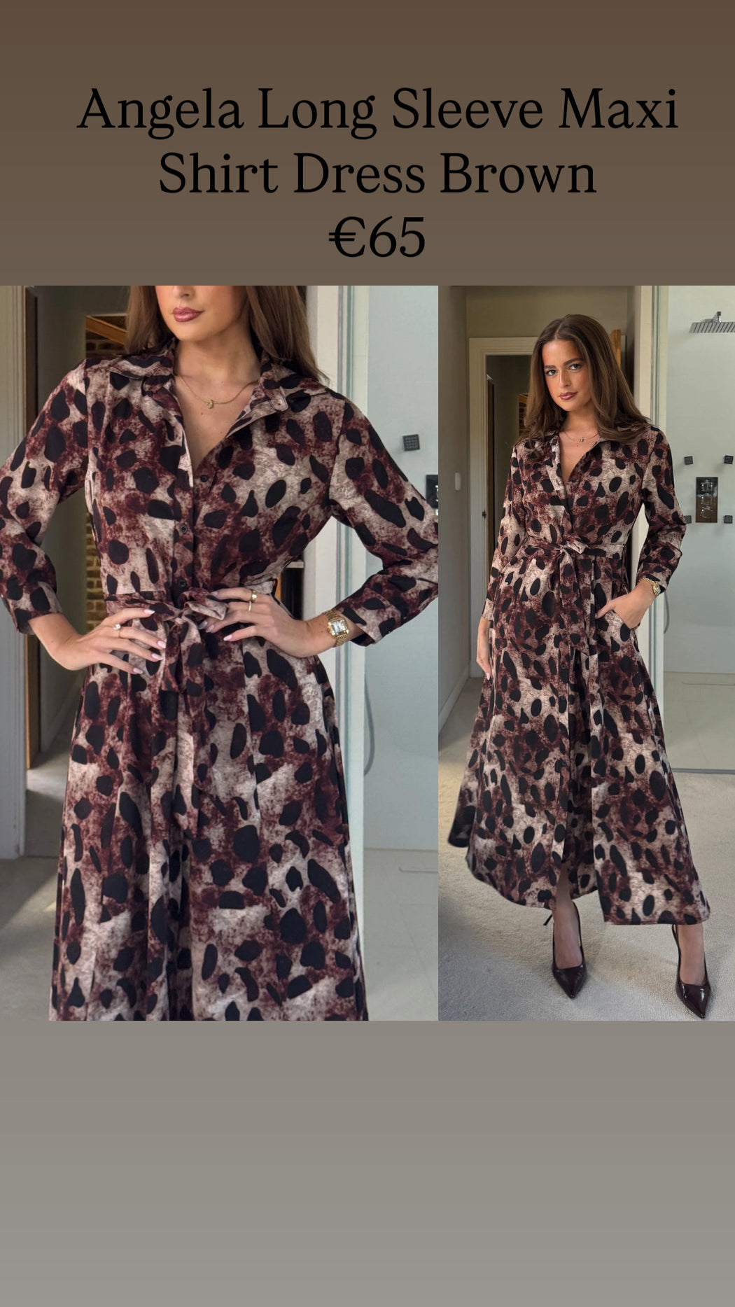 Angela Long Sleeve Maxi Shirt Dress Brown