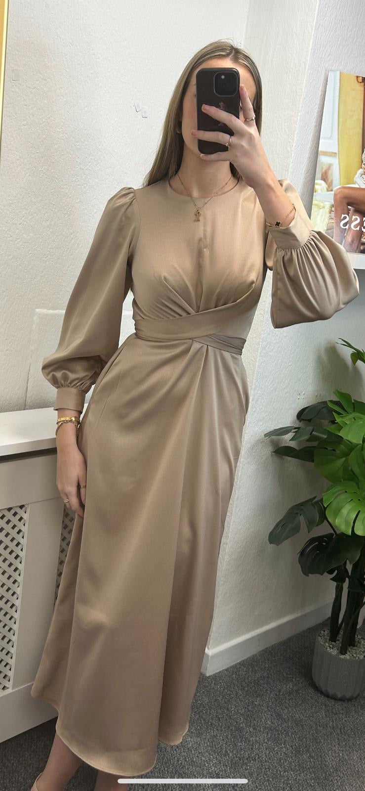 D9962 closet mocha tie waist a line dress