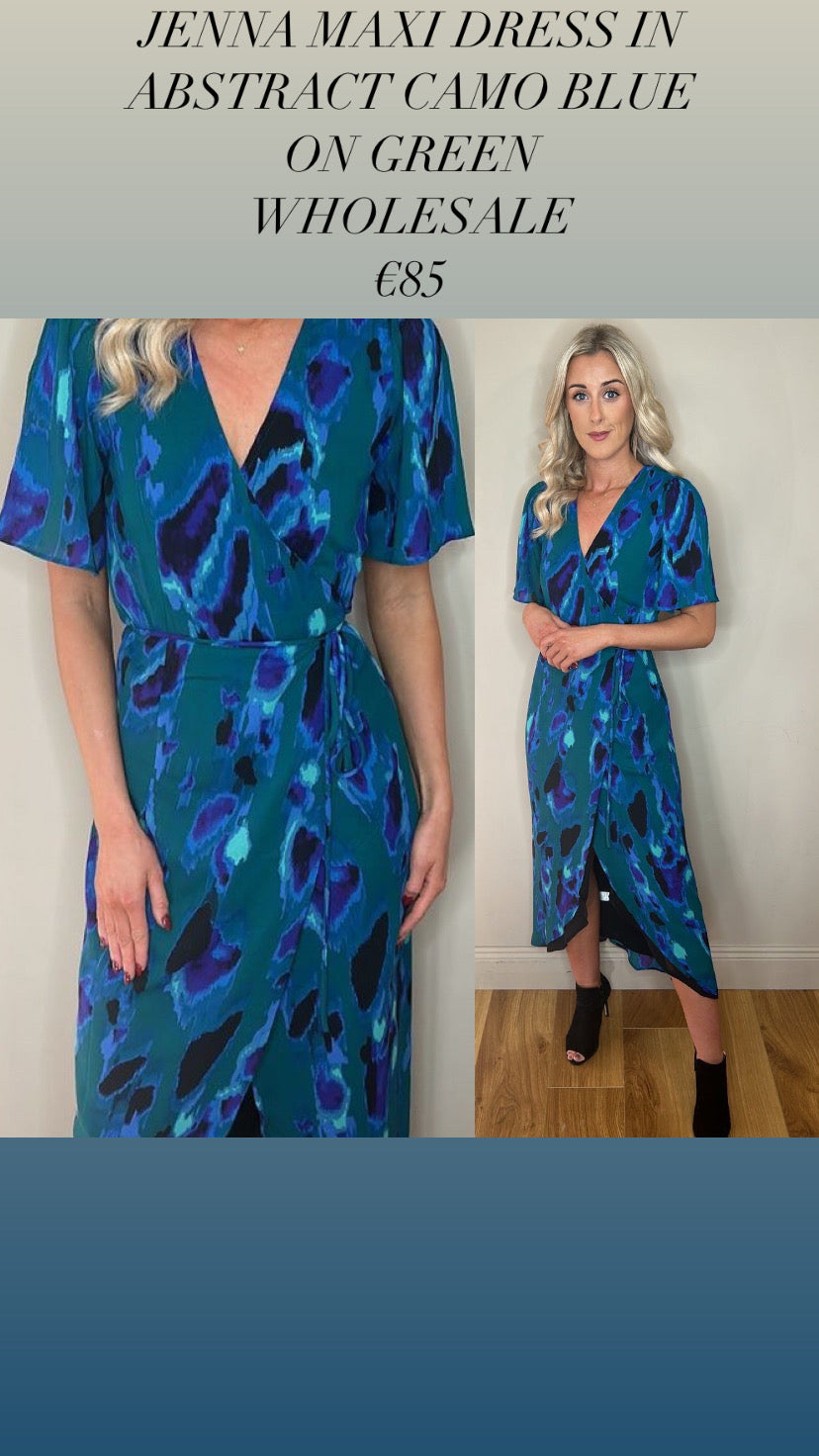 JENNA MAXI DRESS IN ABSTRACT CAMO BLUE ON GREEN WHOLESALE