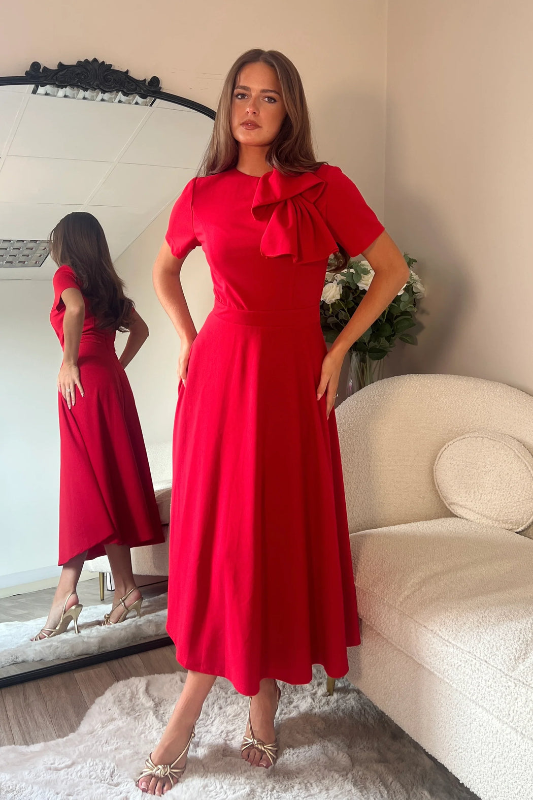Red Minta Bow Detail Short Sleeve Midi Dress