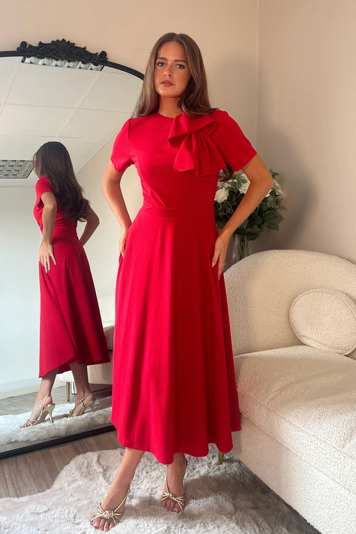 Red Minta Bow Detail Short Sleeve Midi Dress