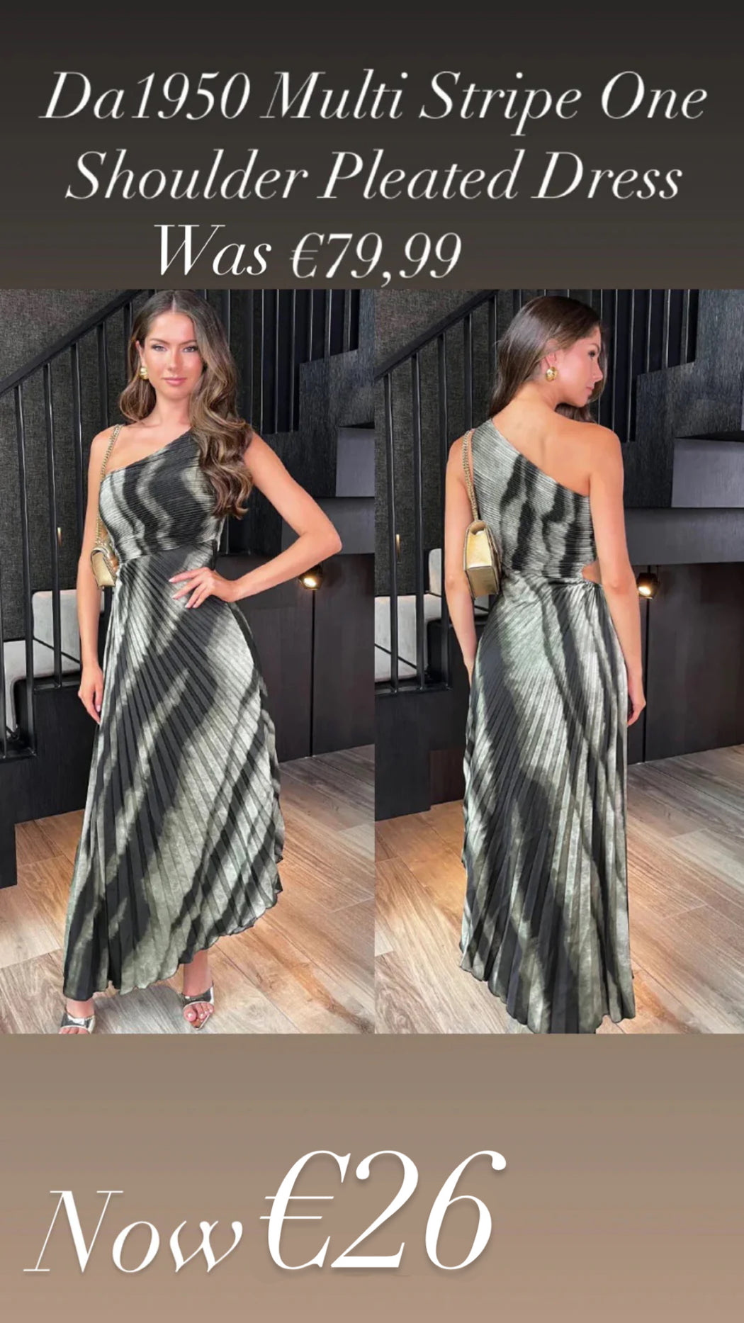 Da1950 Multi Stripe Print One Shoulder Pleated Midi Dress