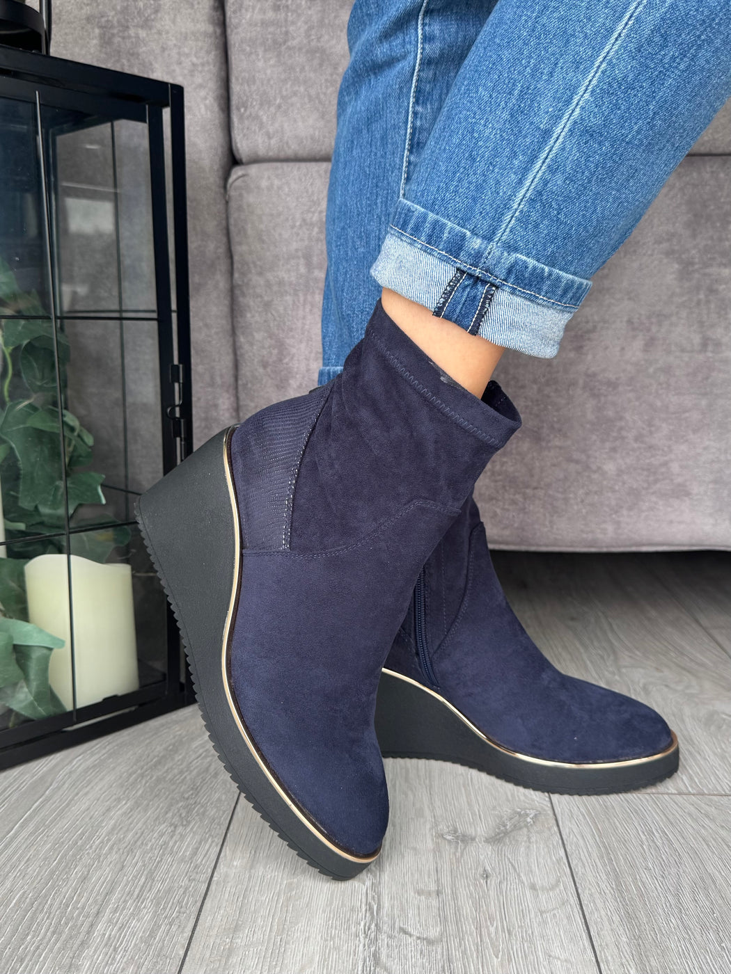 Poole sapphire navy wedge boots