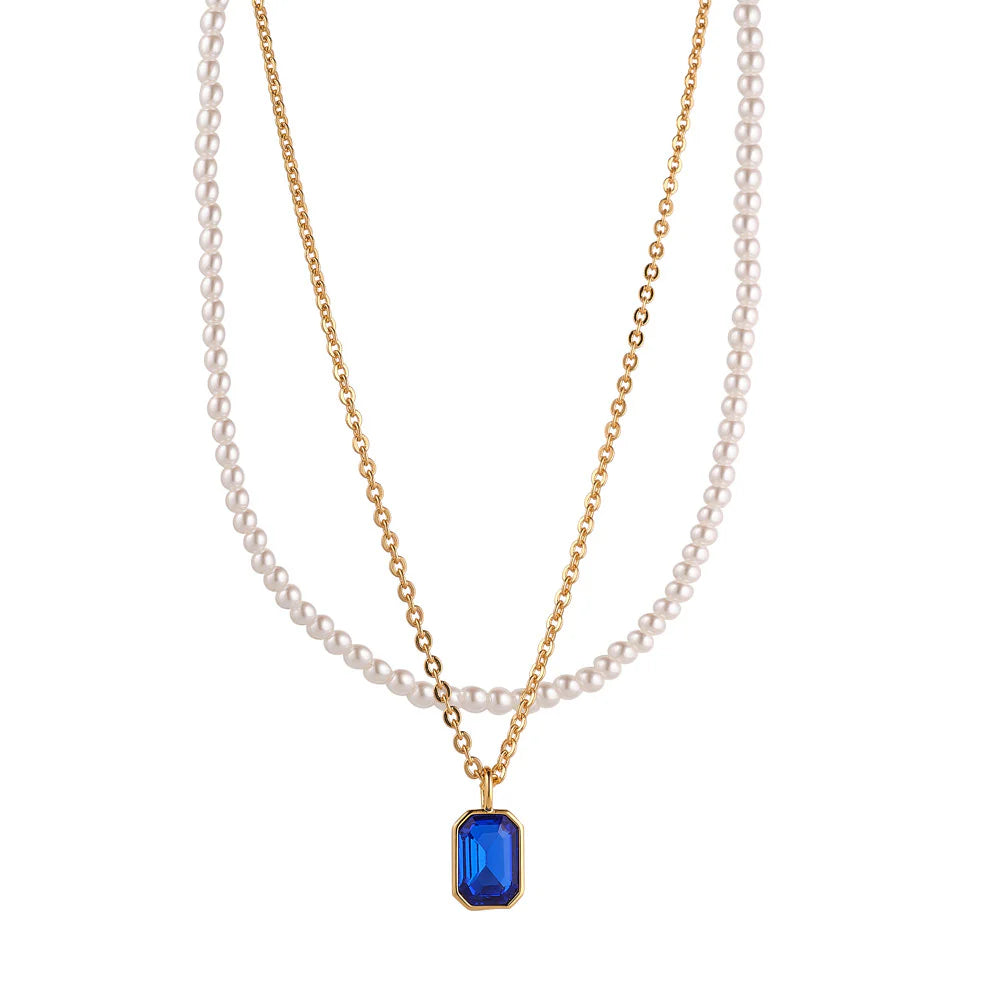 R440ncb PEARL & SAPPHIRE LAYERED NECKLACE