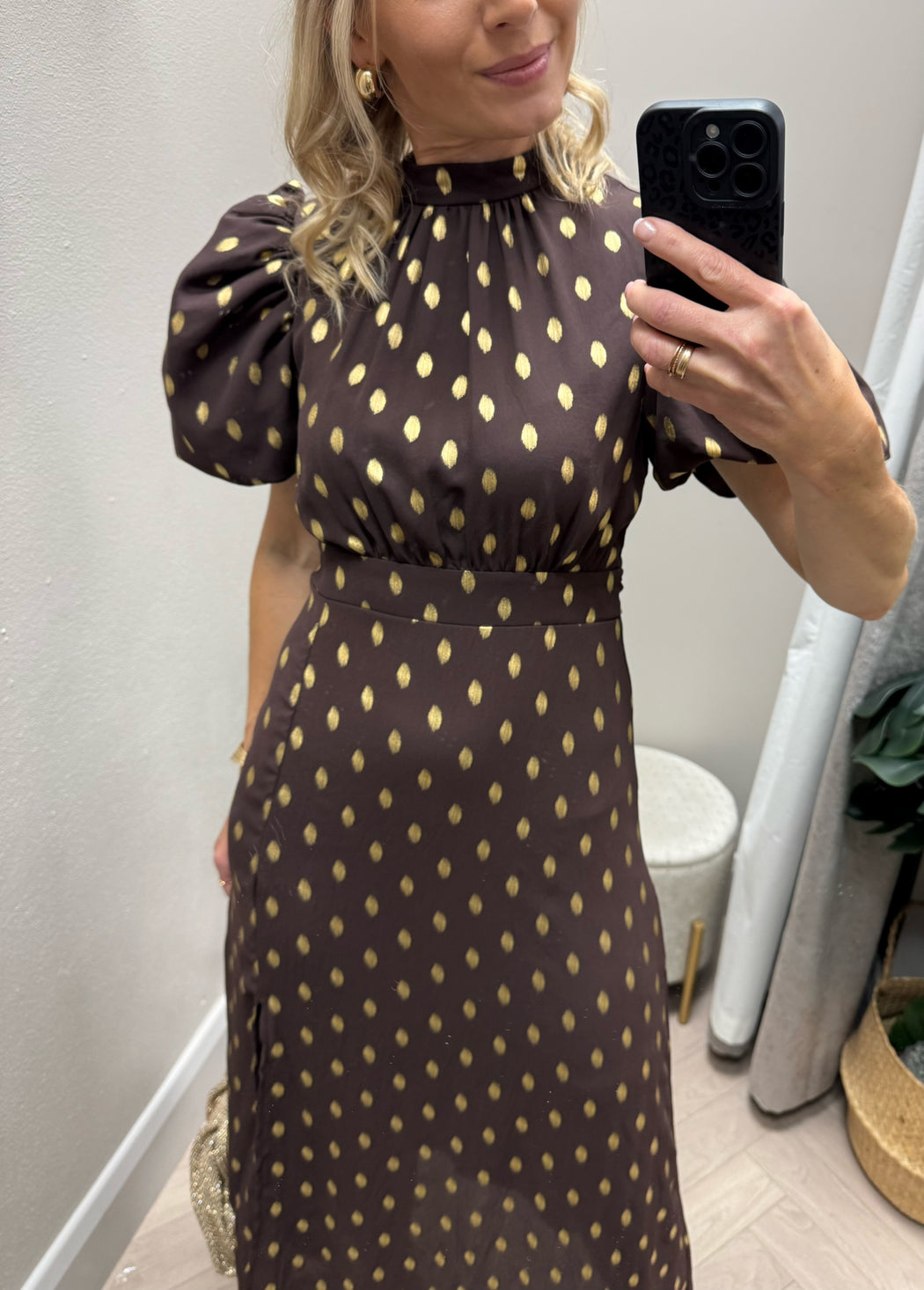 Lilith Brown & Gold Puff Sleeve High Neck Midi Dress