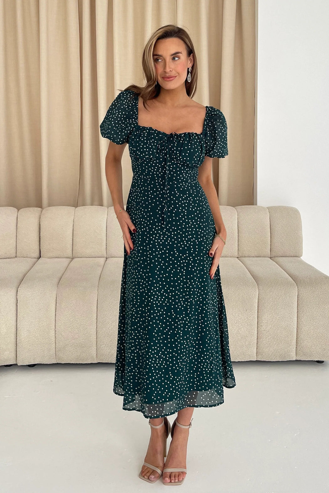 Jemima Square Neck Midi Dress Green Polka