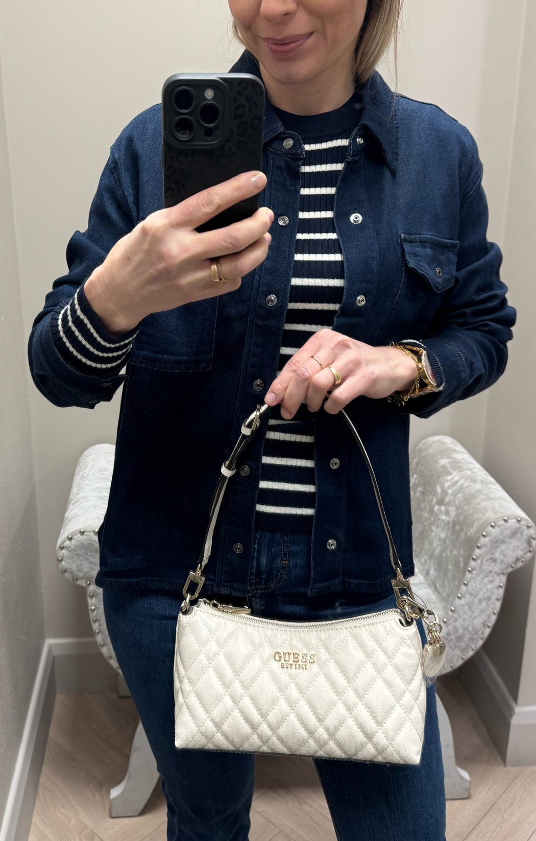 Guess off White Logo Isemay Shoulder Bag