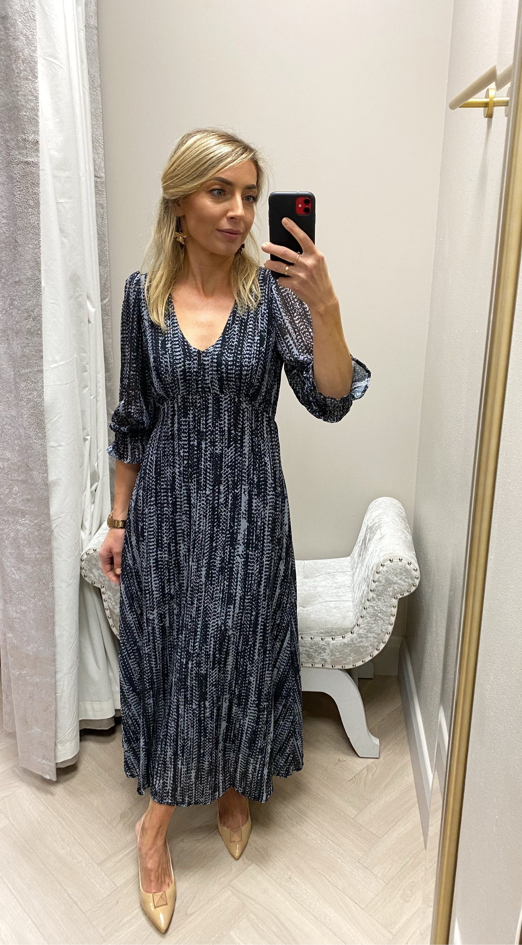 STREASA BLACK GREY PRINT MIDI DRESS