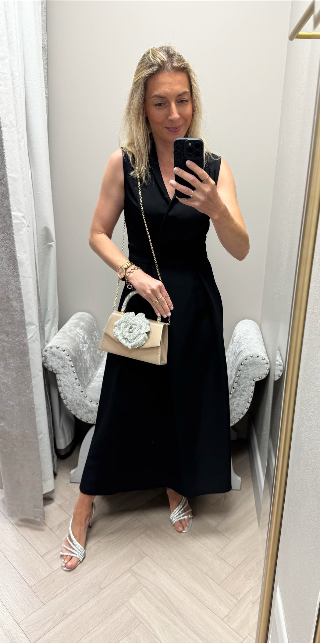 Rhinestone rose flower gold bag