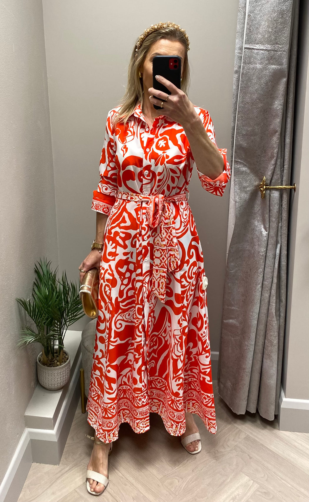 Angela Red Print Shirt Maxi Dress