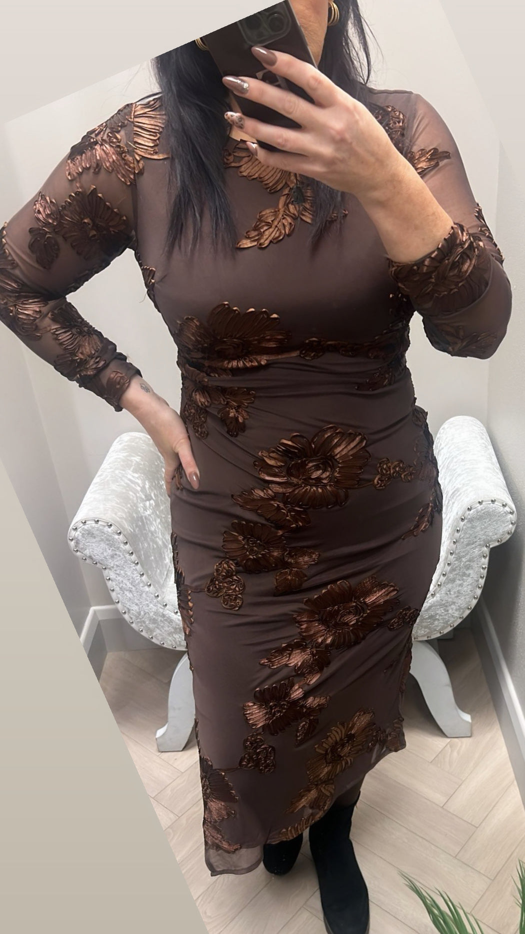 Elodie Floral Embroidered Mesh Bodycon Dress Brown