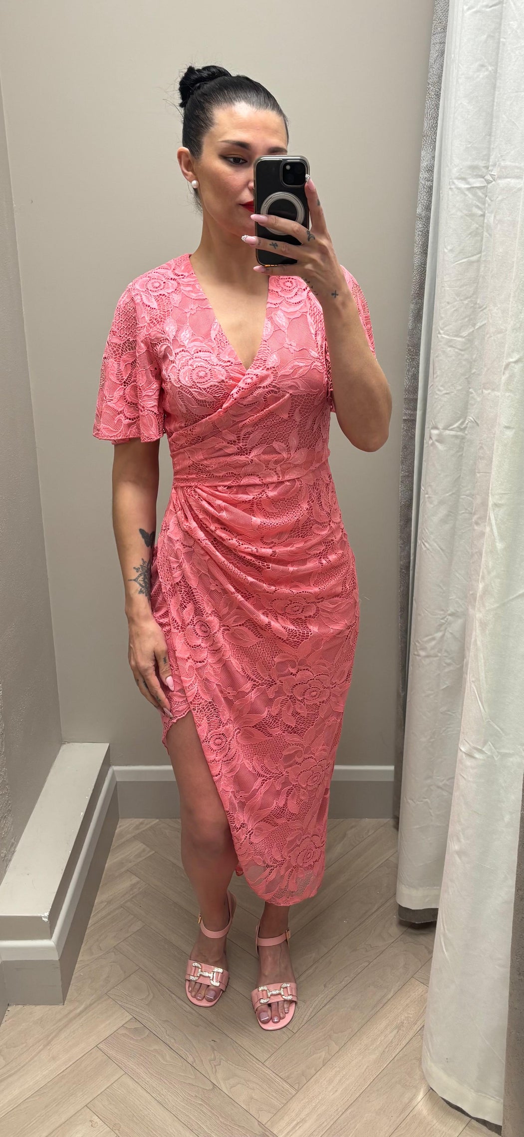 Natasha Angel Sleeve Wrap Midi Dress In Pink Lace
