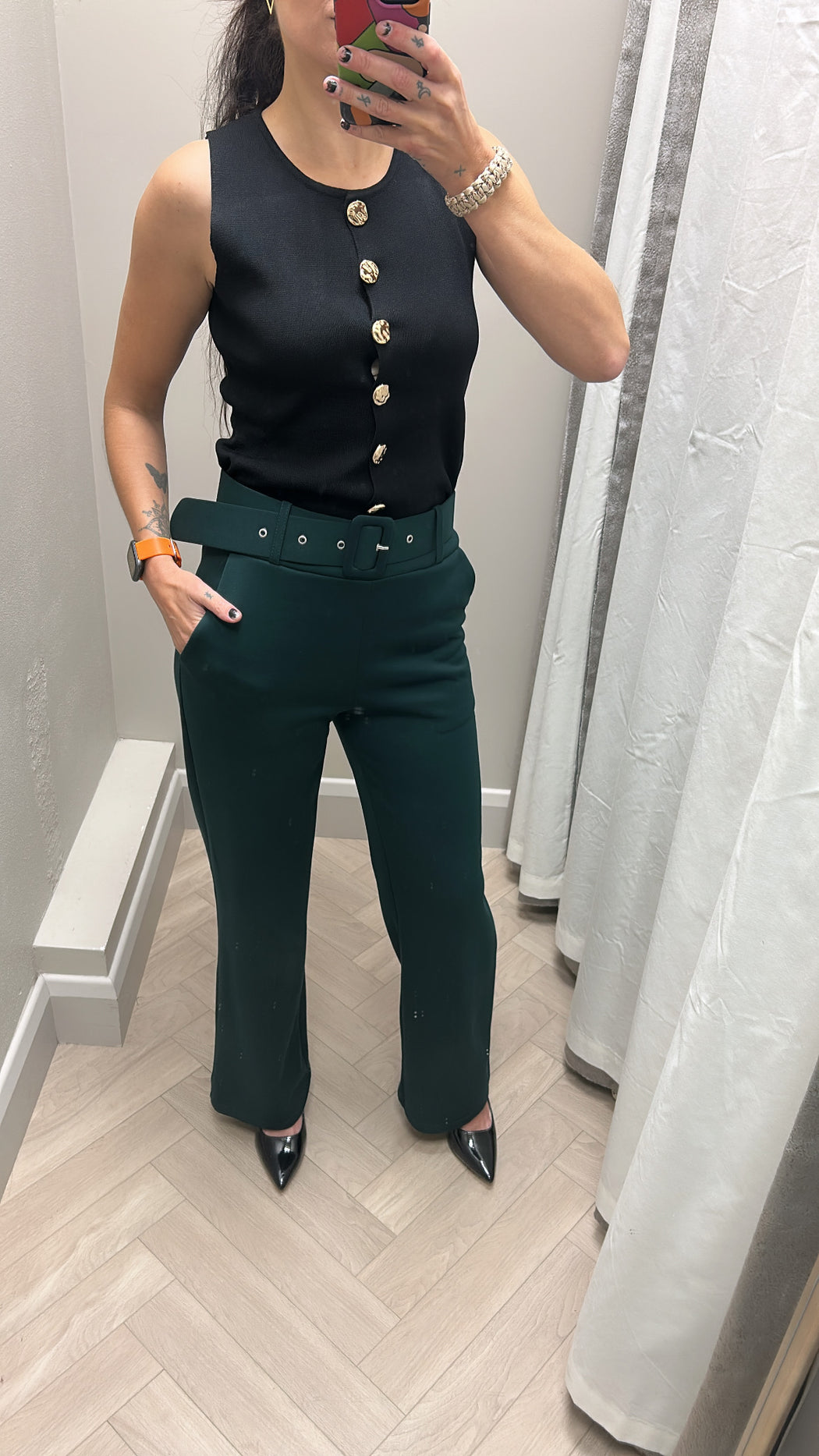 Green belted trousers