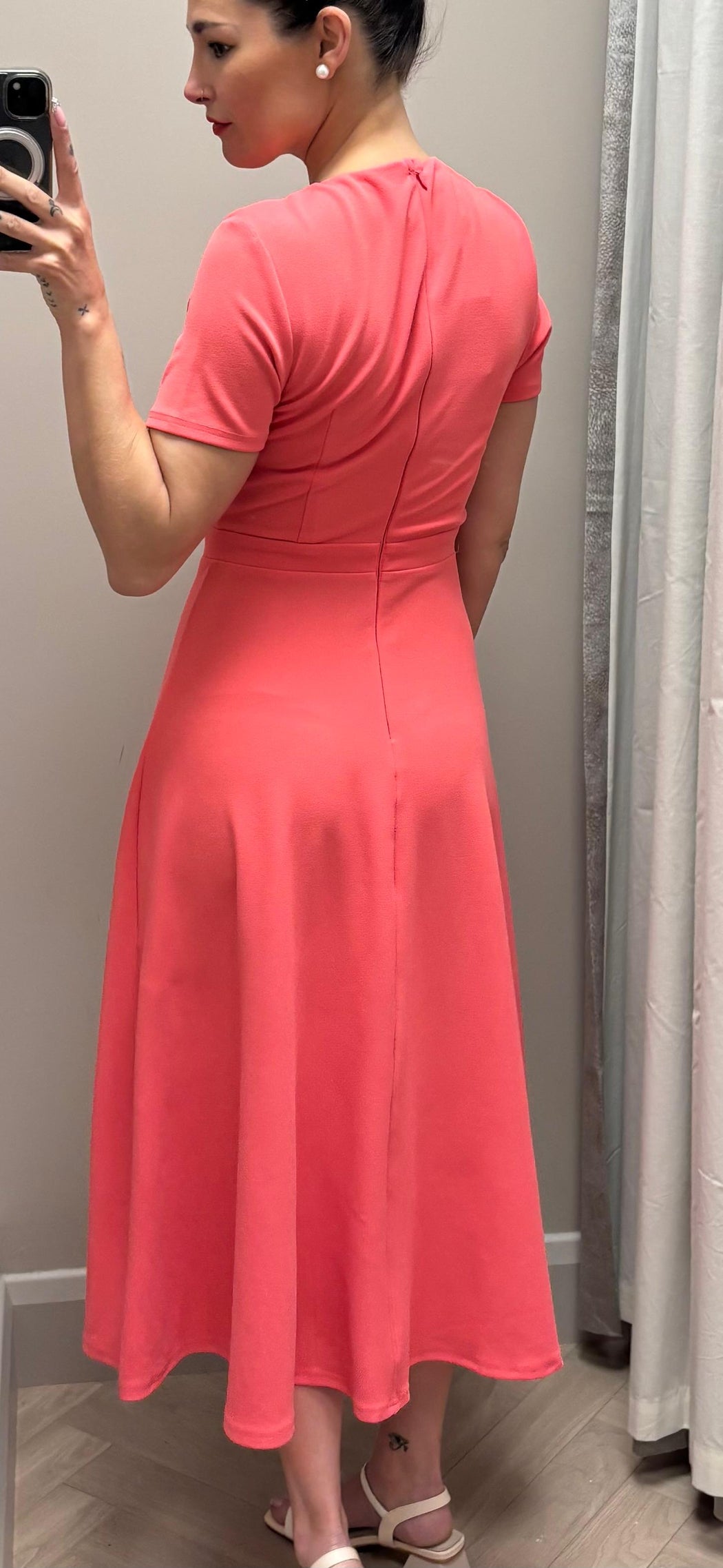 Minta Bow Detail Short Sleeve Midi Dress Coral