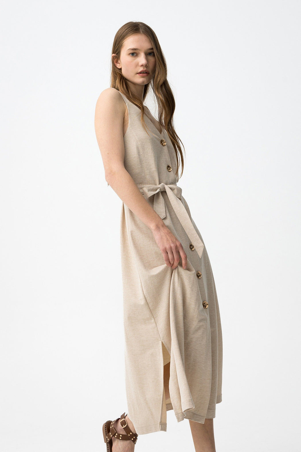 Shara beige gold button detail dress