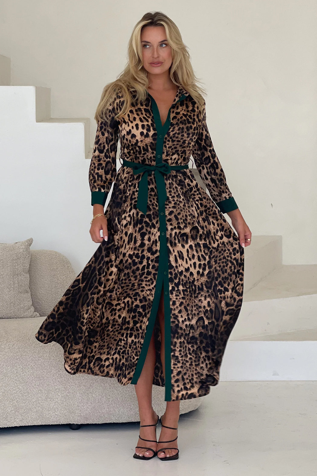 Angela Leopard Print Green Shirt Maxi Dress