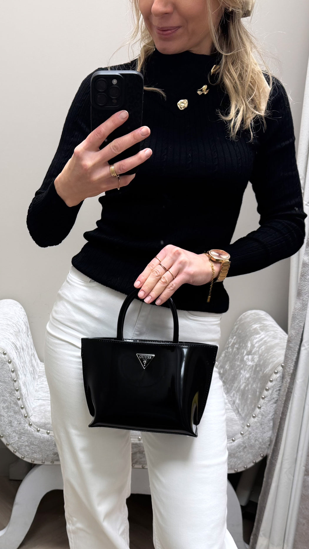 Guess black knit jumper with gold button detail w6rr07z2yk2-JBLK