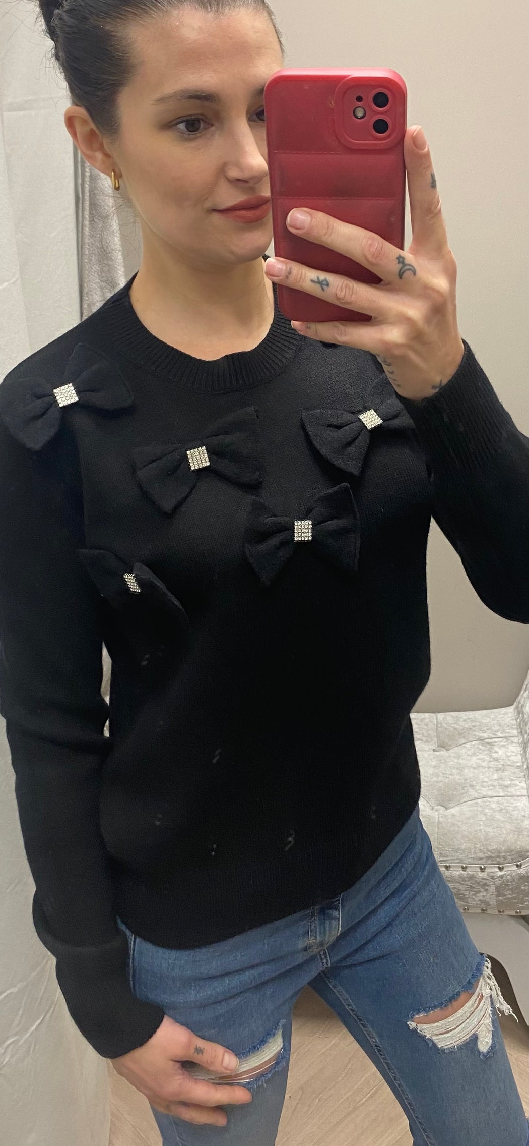 Black diamanté bow knit top