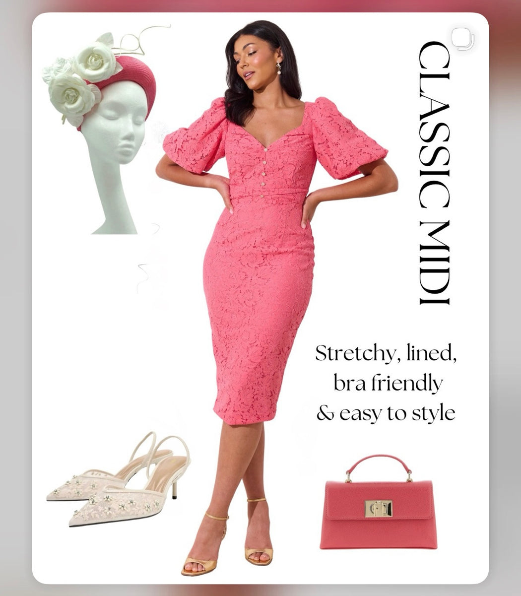 Frances pink lace puff sleeve midi dress