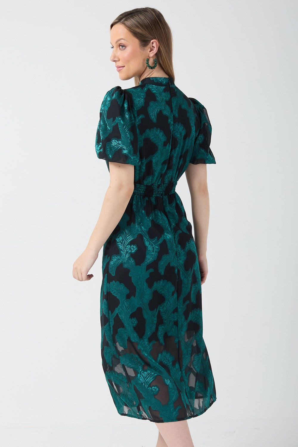 GREEN BROCADE PUFF SLEEVE DRESS