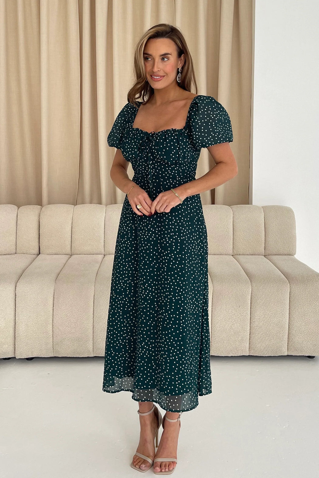 Jemima Square Neck Midi Dress Green Polka