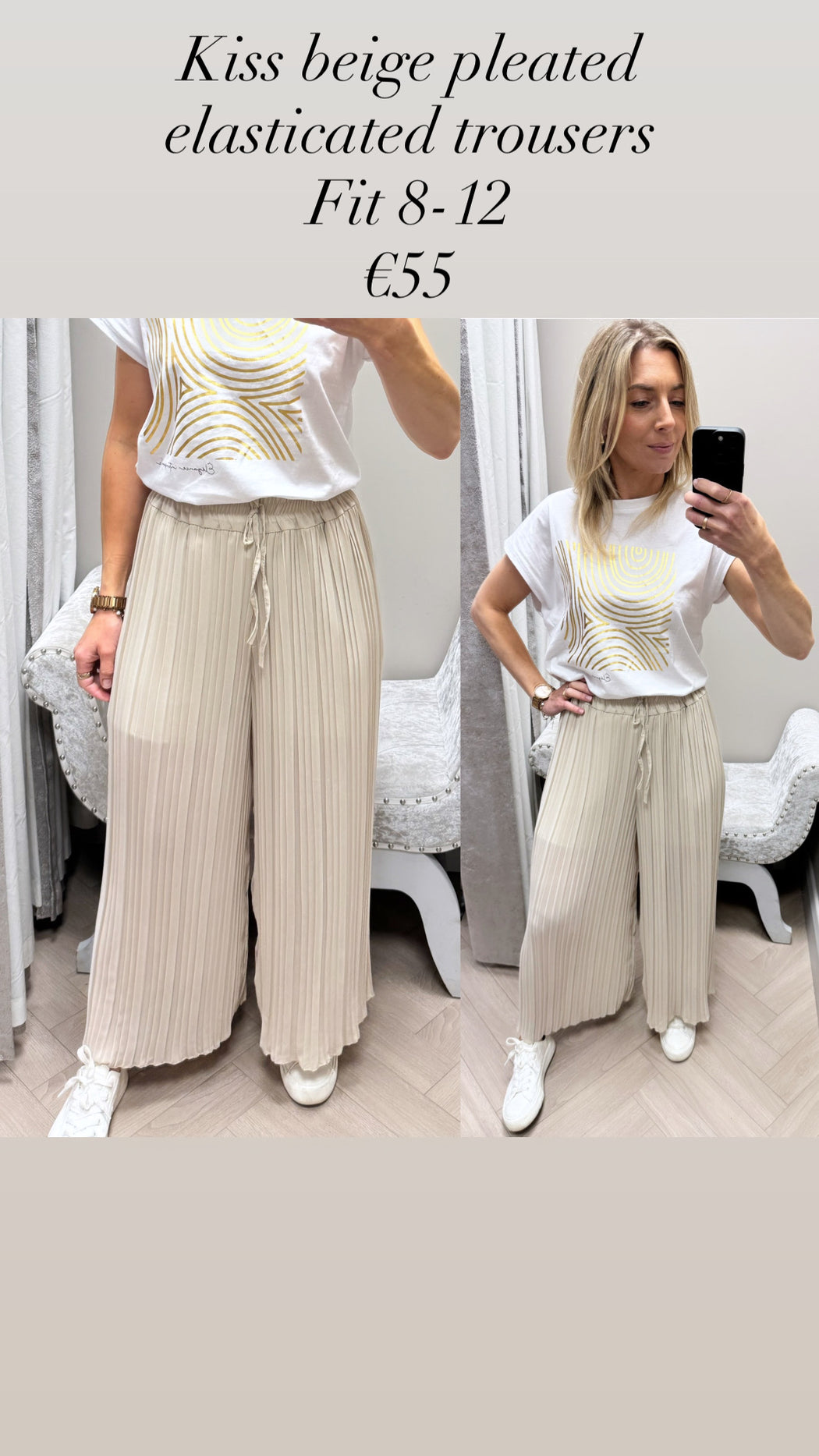 Kiss beige pleated elasticated trousers