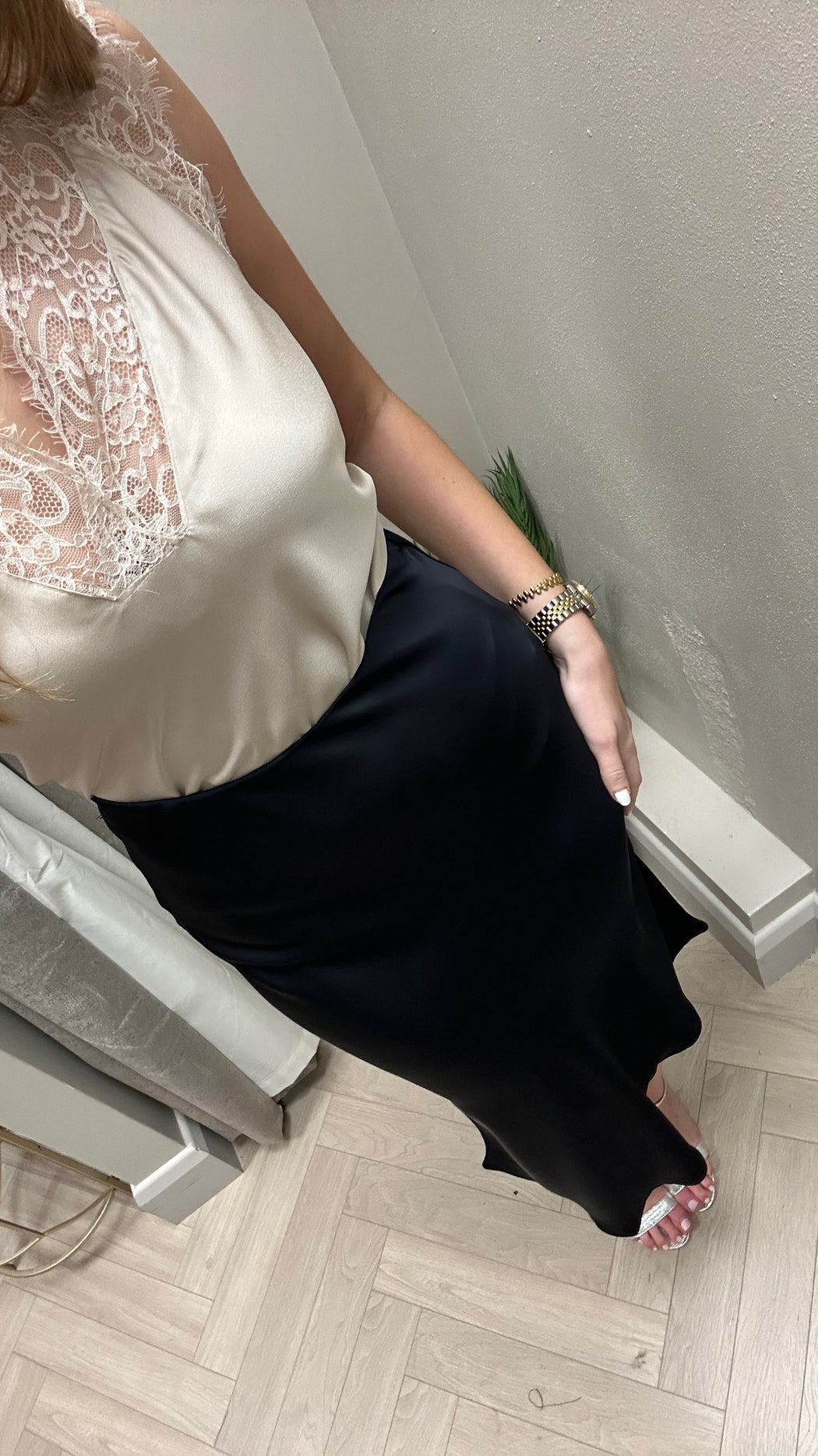 Navy satin Kansas midi skirt