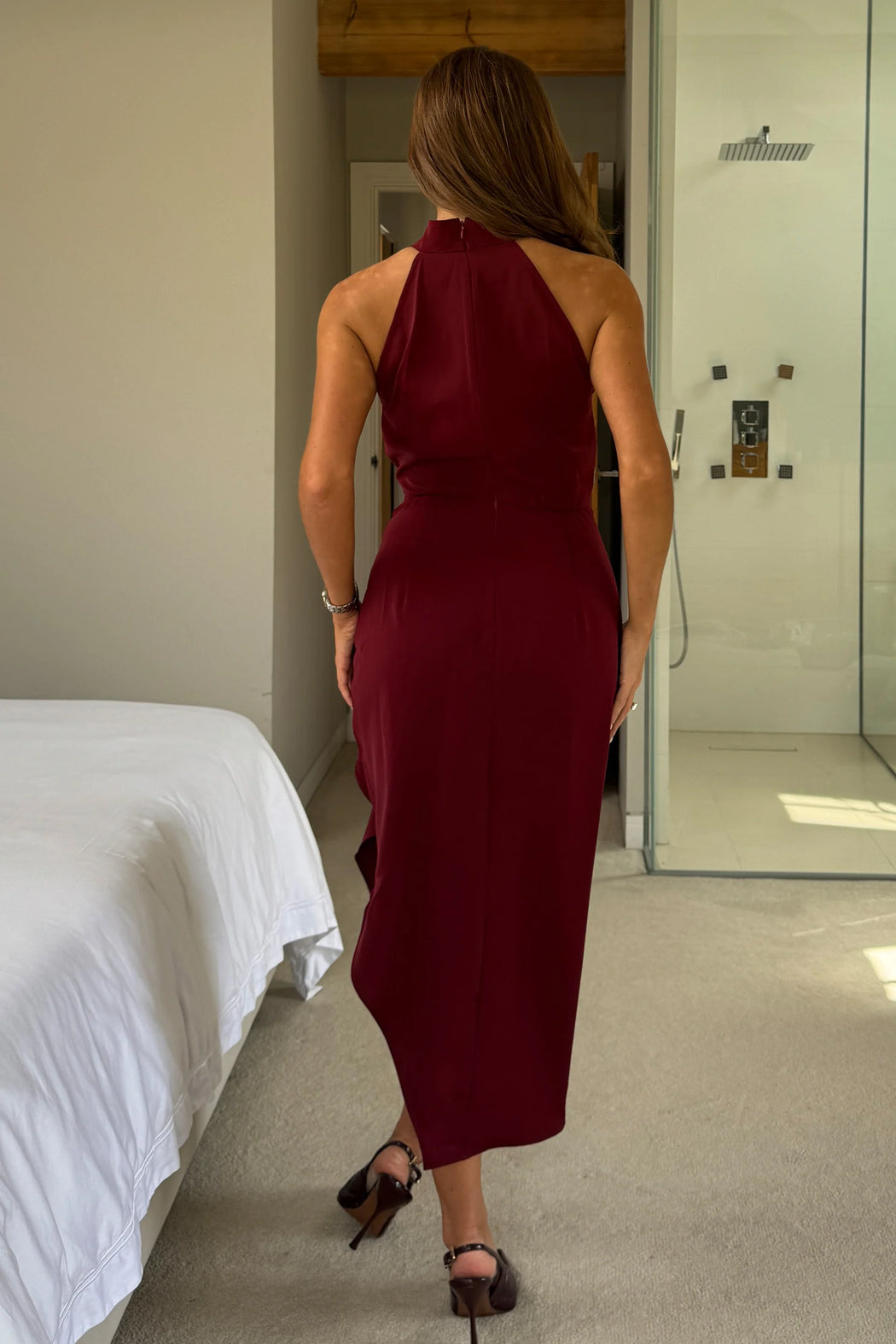 Priya berry Tie Waist Halter Neck Midi Dress