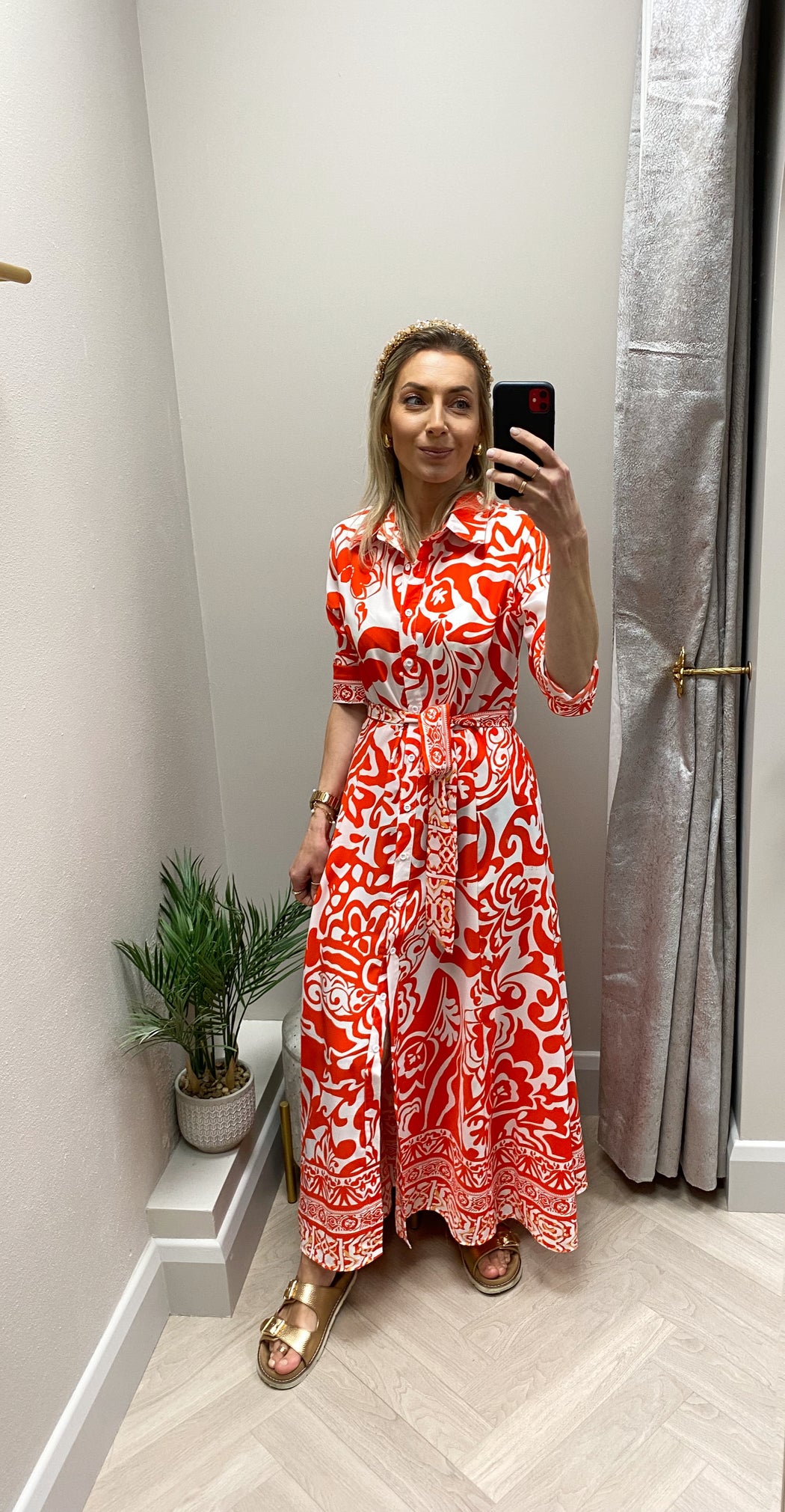 Angela Red Print Shirt Maxi Dress