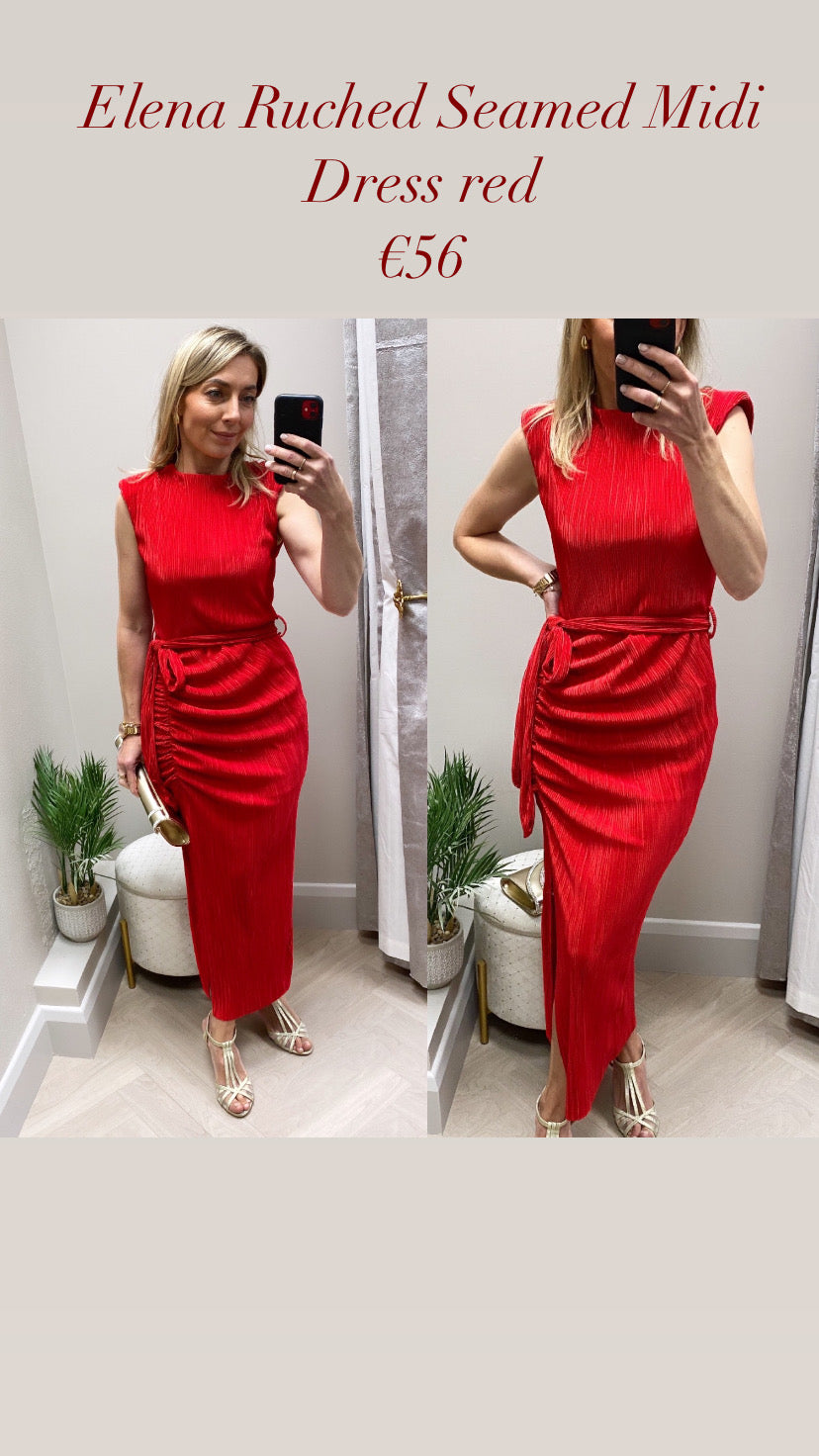 Elena  red Ruched seamed Midi Dress