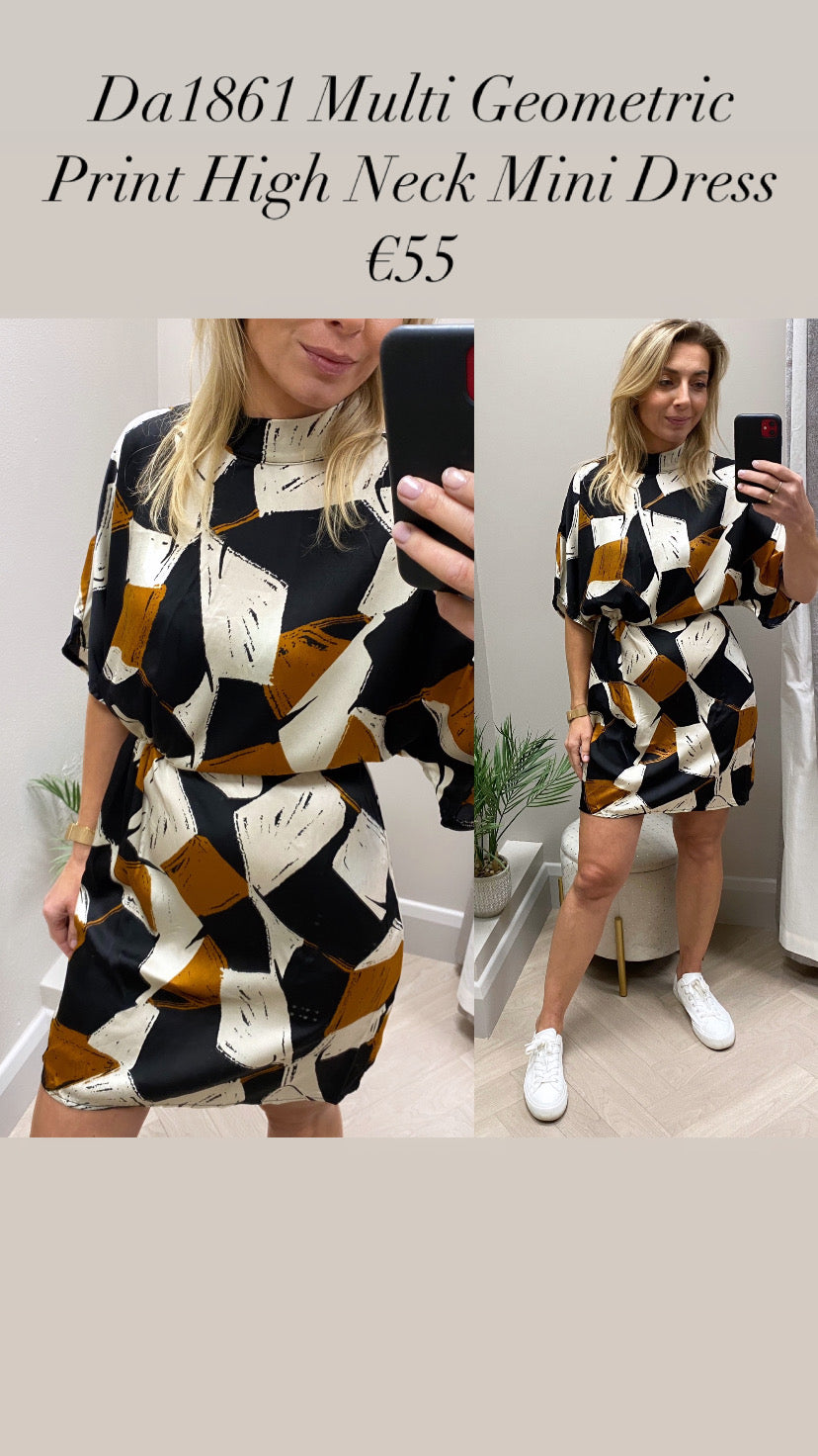 Da1861 Multi Geometric Print High Neck Mini Dress