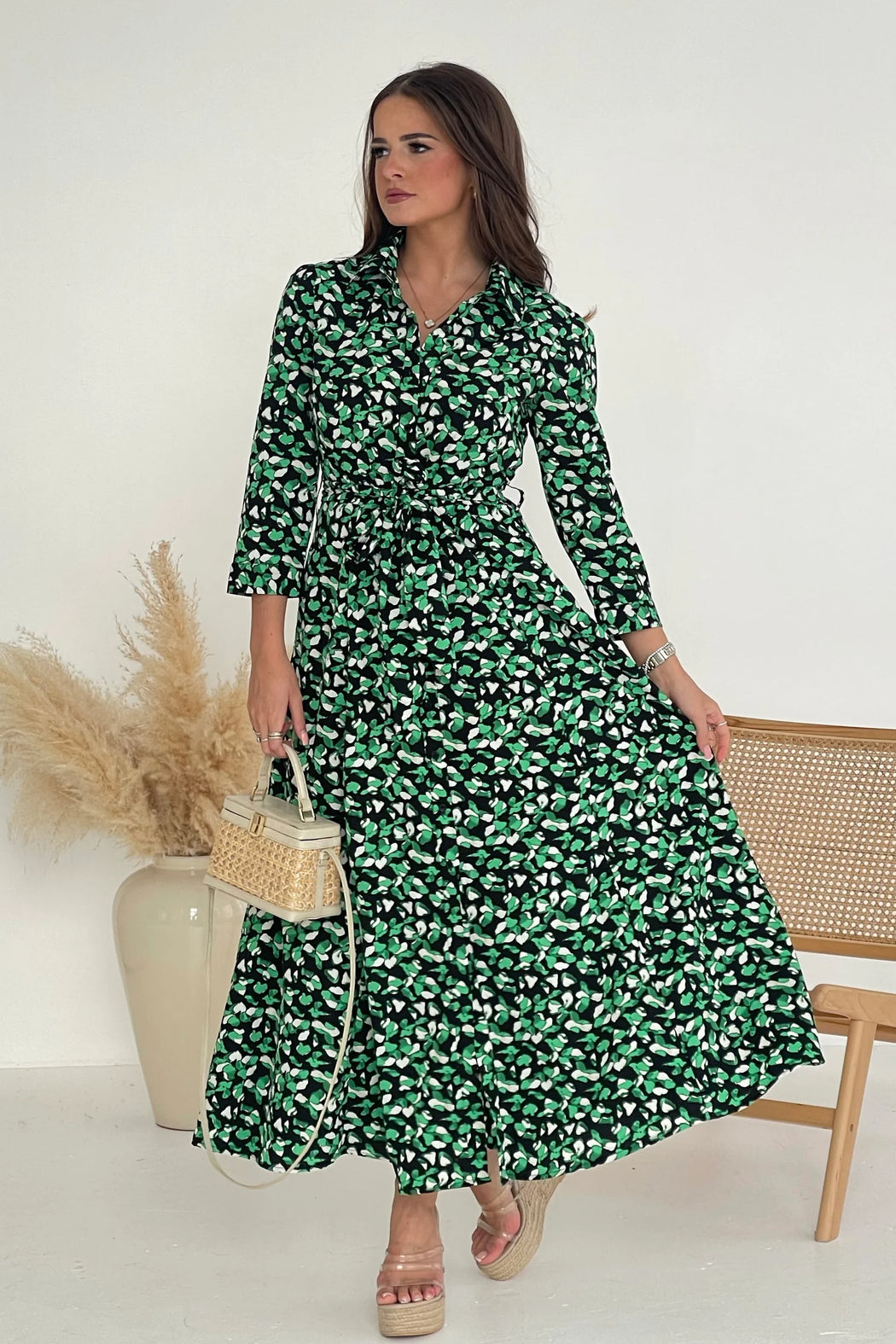 Angela Green Print Long Sleeve Shirt Dress