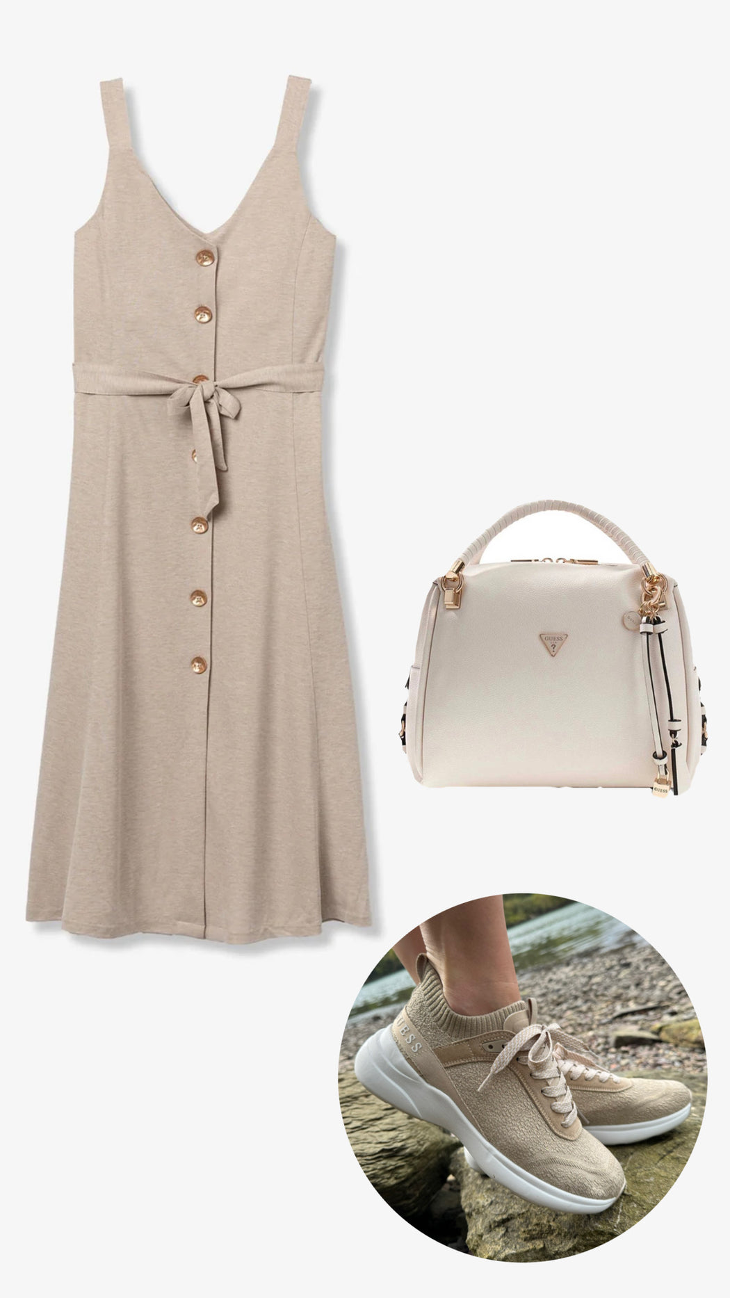 Shara beige gold button detail dress