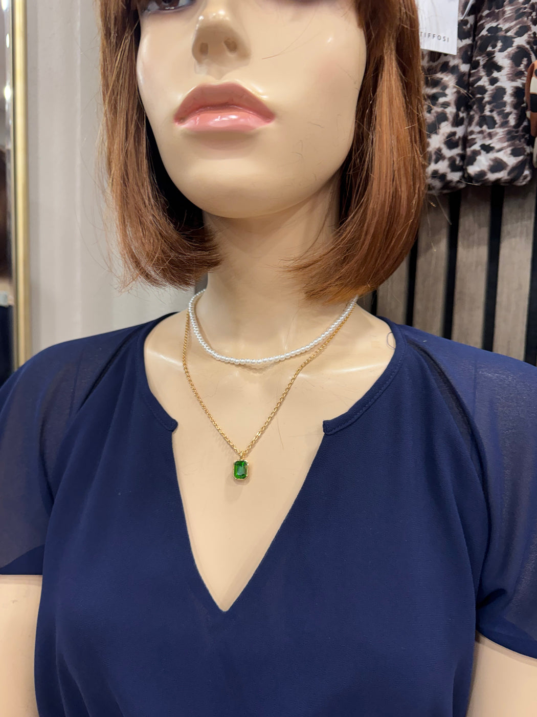 R437ncb PEARL & EMERALD LAYERED NECKLACE