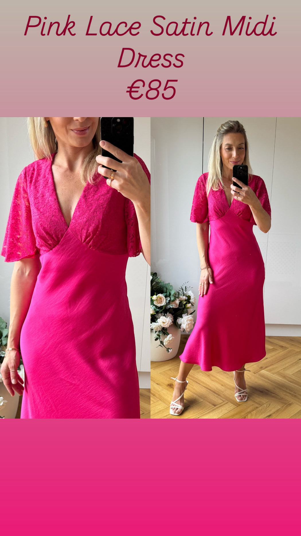 Pink Lace Satin Midi Dress