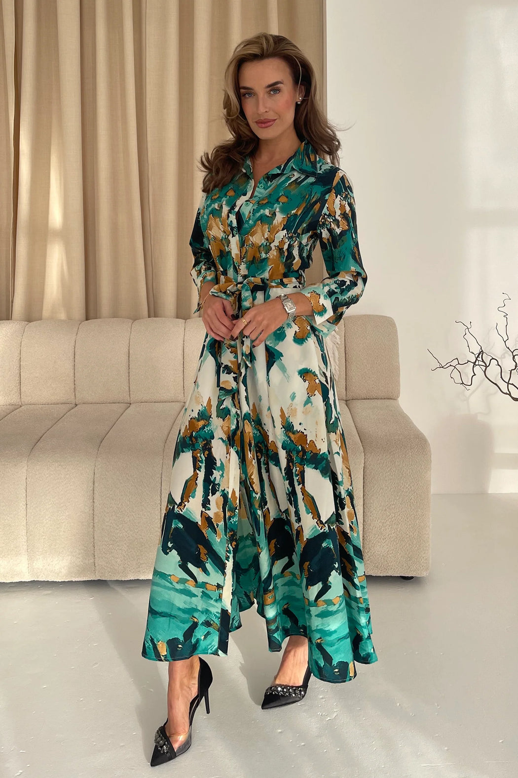 Angela Mixed Abstract Shirt Maxi Dress Green