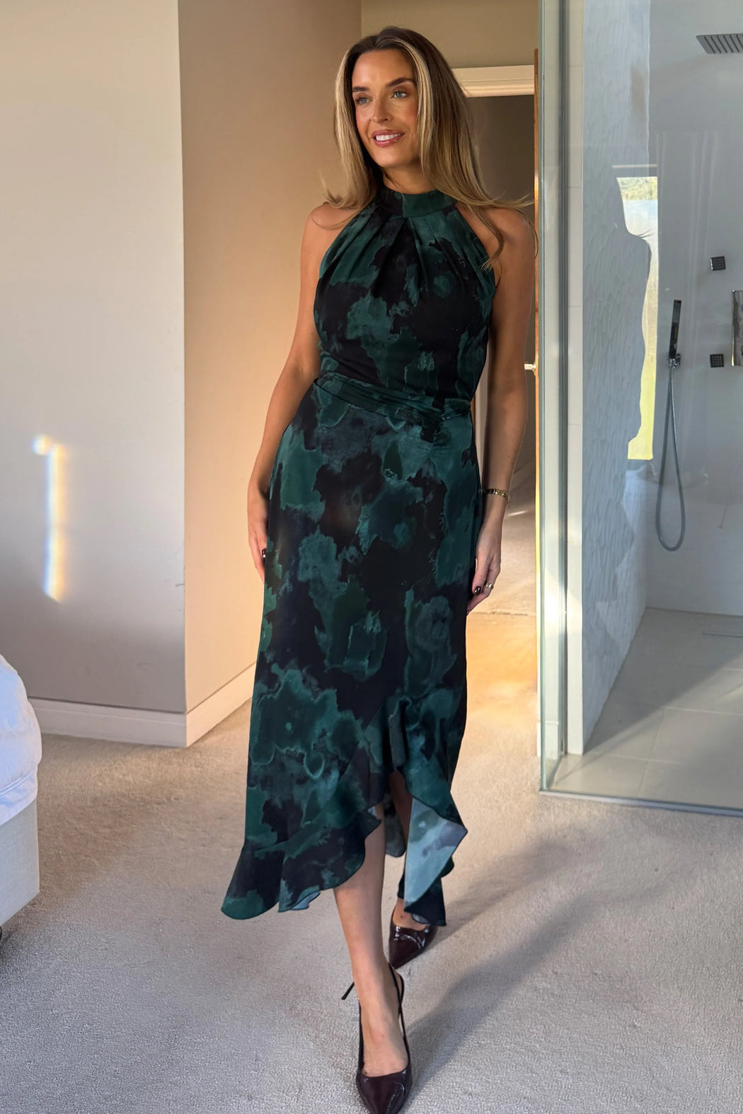 Amani Ruched Halter Neck Midi Dress Green Print