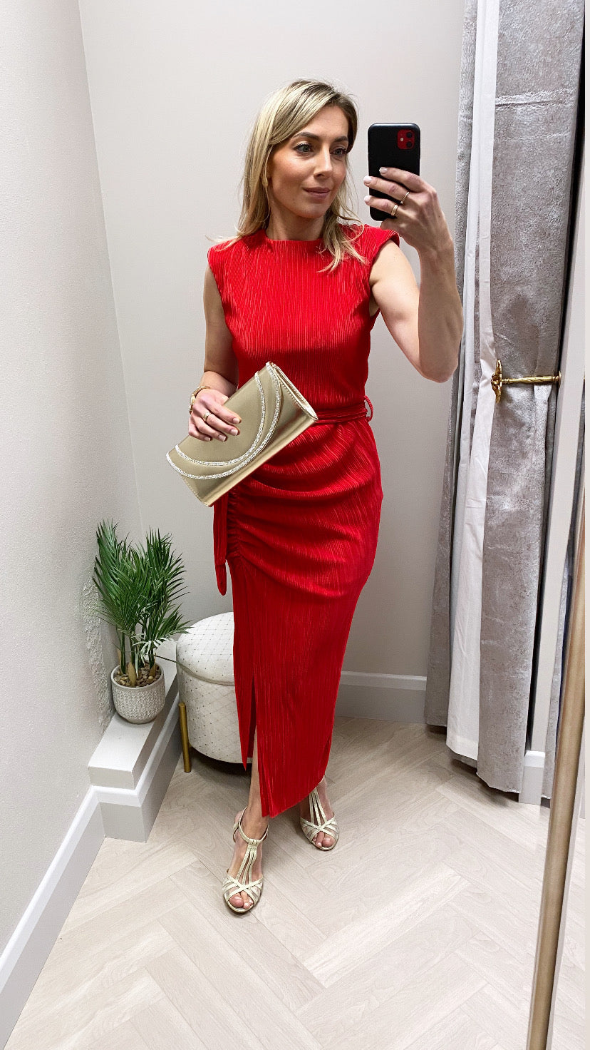 Elena  red Ruched seamed Midi Dress