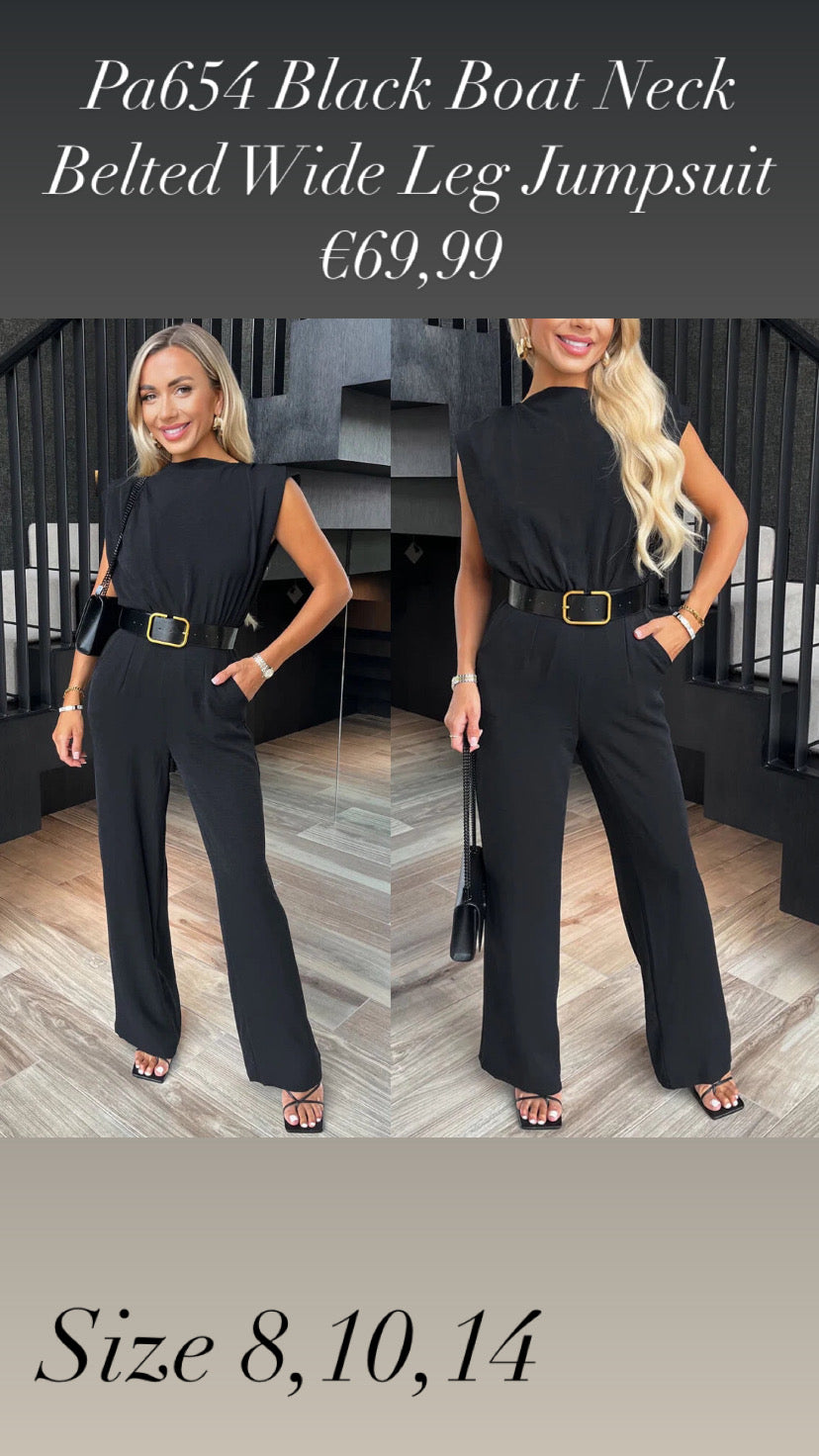 Pa654 Black Boat Neck Belted Wide Leg Jumpsuit