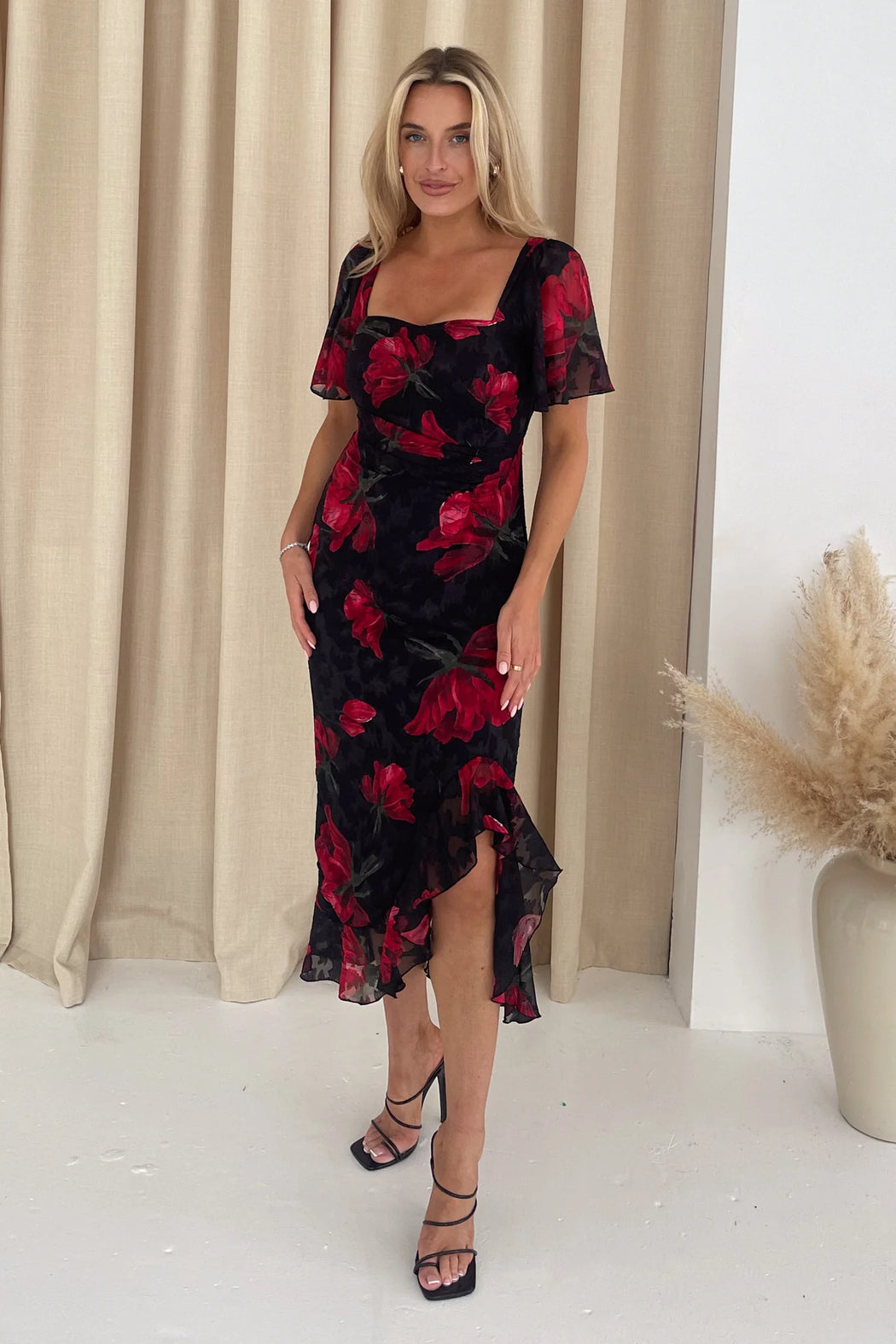 Heidi Black And Red Floral Ruched Midi Dress