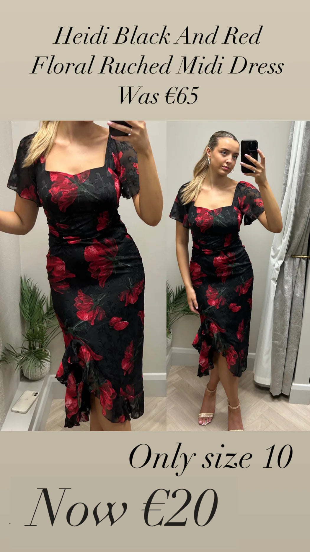 Heidi Black And Red Floral Ruched Midi Dress